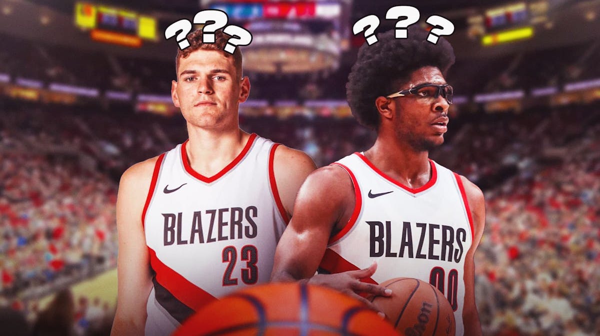 Donovan Clingan (in Blazers jersey) and Scoot Henderson with question marks above their heads