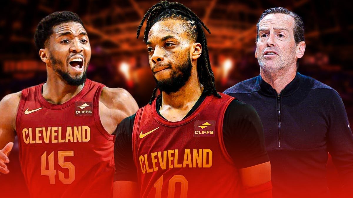 Donovan Mitchell, Darius Garland and Kenny Atkinson with the Cavs arena in the background, roster offseason NBA free agency
