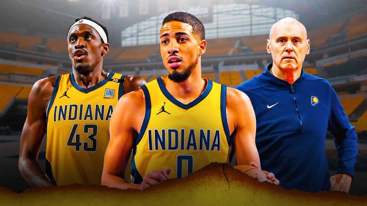 Tyrese Haliburton alongside Pascal Siakam and Rick Carlisle with the Indiana Pacers arena in the background, NBA free agency roster offseason