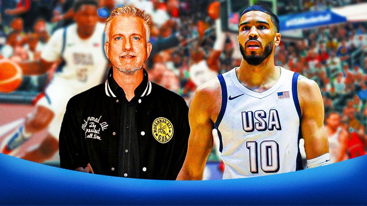 Bill Simmons and Jayson Tatum with a Team USA Olympics background.