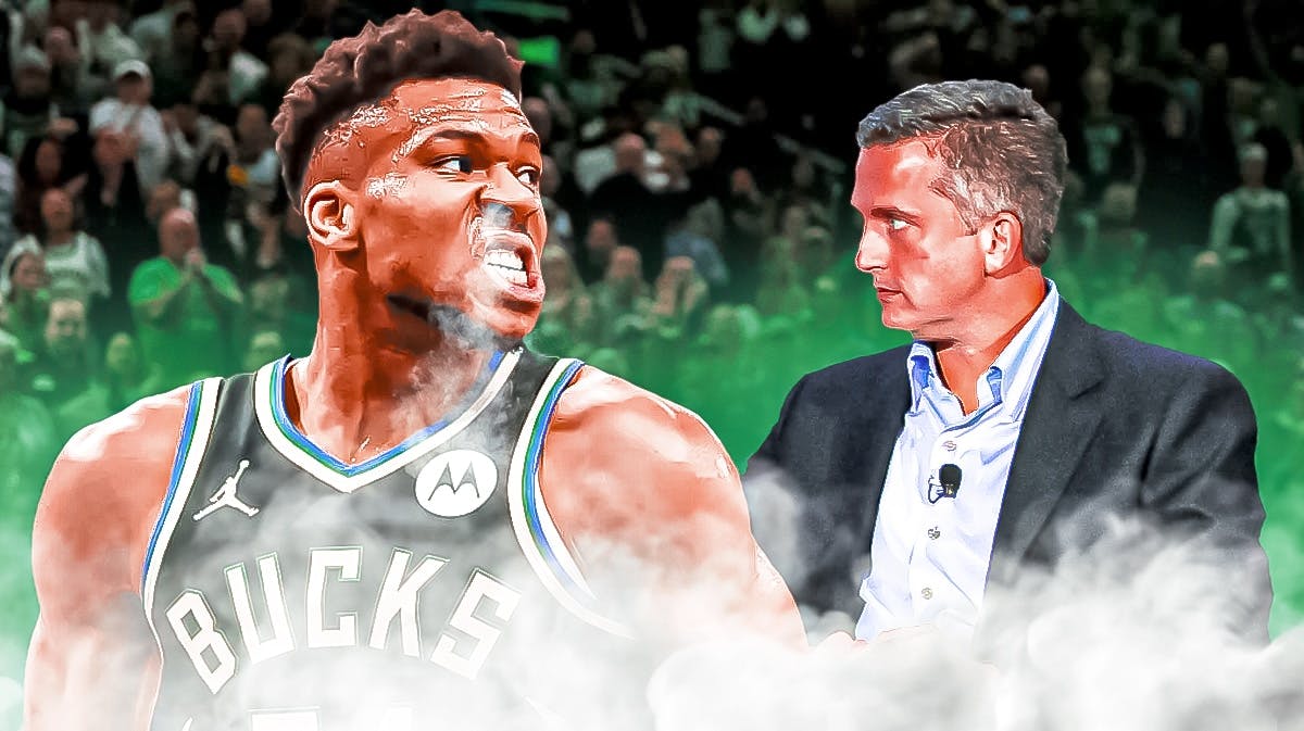 Bill Simmons scared by Giannis Antetkoumpo with a Celtics colored background.