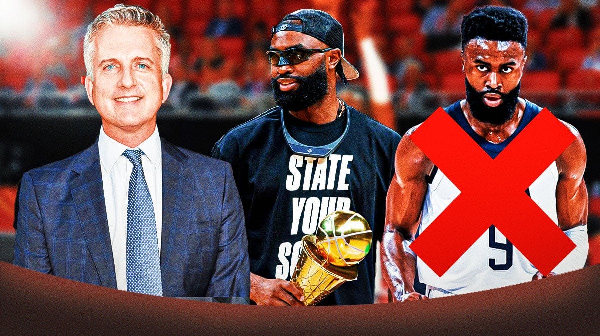 Bill Simmons smiling, with a picture of Celtics' Jaylen Brown holding the 2024 NBA Finals MVP on the left and a pic of Brown in a Team USA uniform on the right, with a cross mark over it