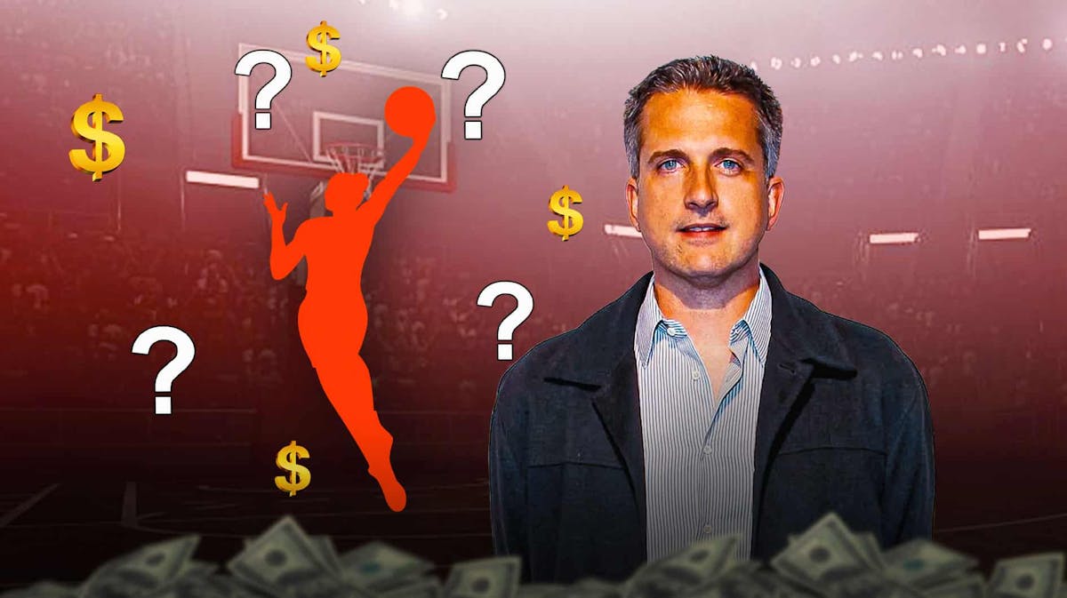 The WNBA logo, with question marks and dollar signs surrounding it, and sports commentator Bill Simmons