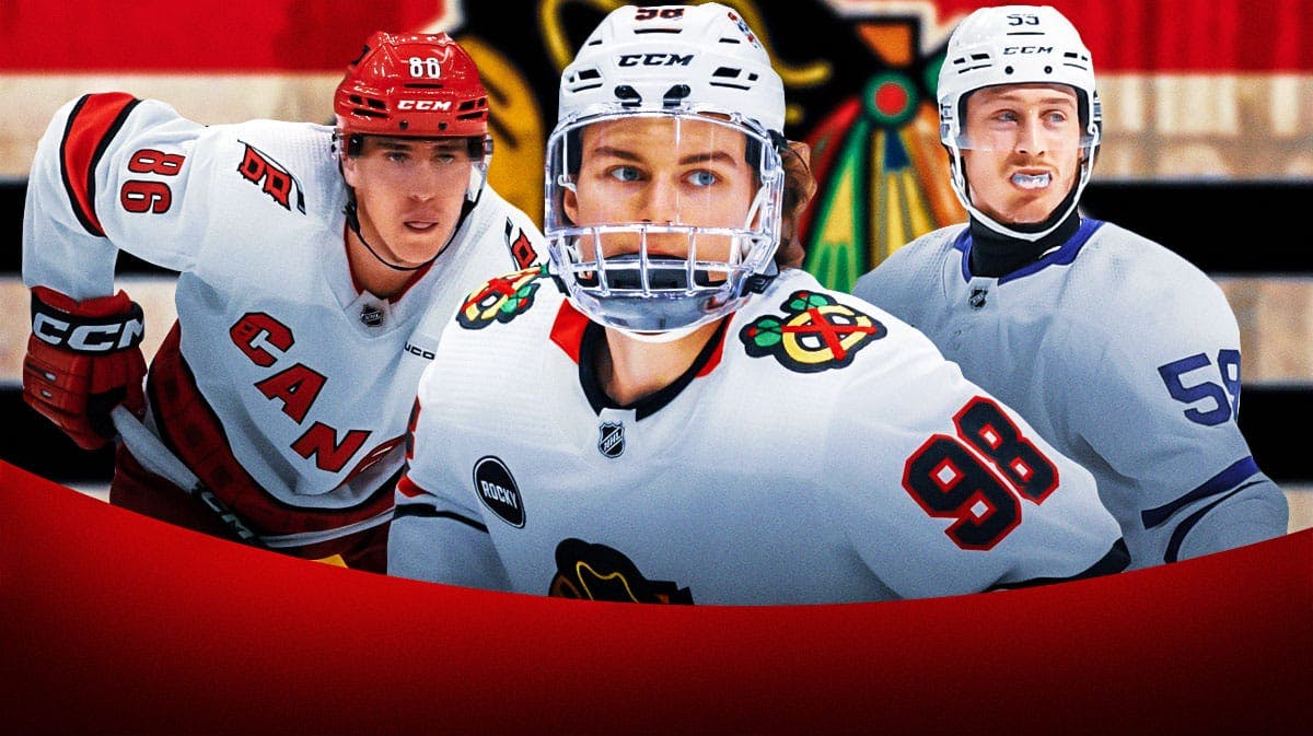 Connor Bedard in middle of image looking happy, Tyler Bertuzzi and Teuvo Teravainen on each side, Chicago Blackhawks logo, hockey rink in background