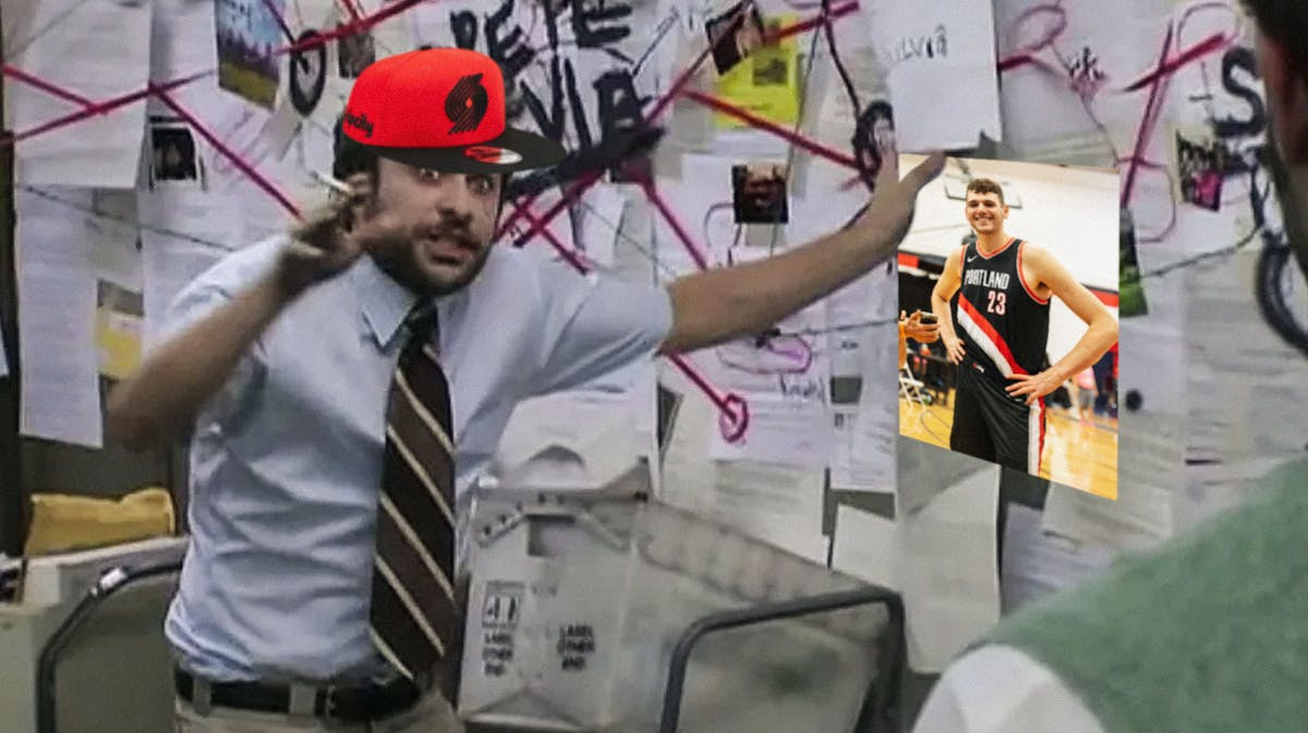 Explaining guy meme with Portland Trail Blazers cap then put Donvan Clingan (Blazers rookie) on the board