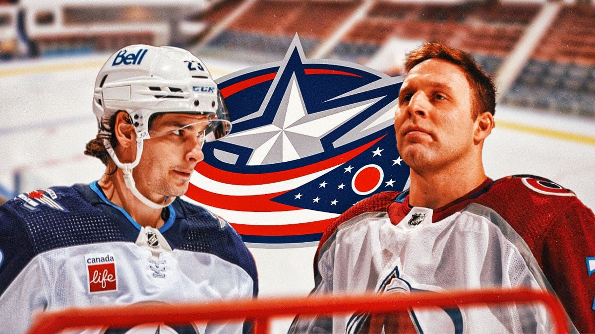 Jack Johnson and Sean Monahan on either side looking hopeful, Columbus Blue Jackets logo in middle, hockey rink in background