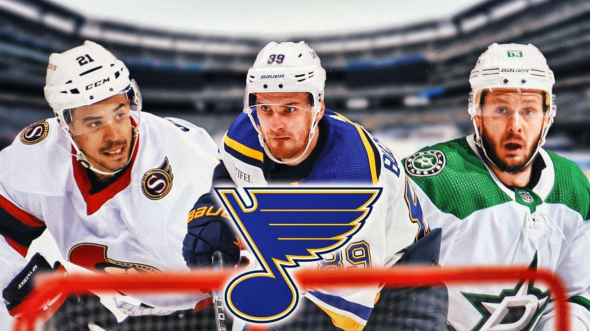 Pavel Buchnevich in middle, Radek Faksa and Mathieu Joseph on either side, St. Louis Blues logo, hockey rink in background