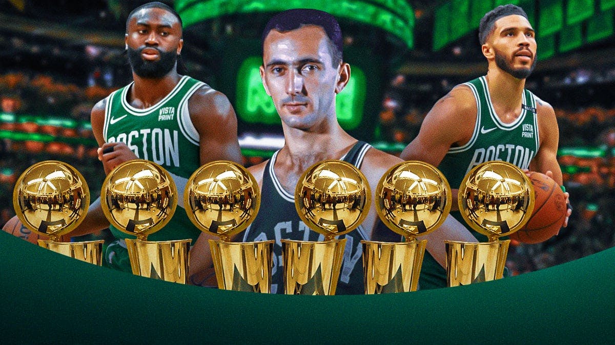 Bob Cousy (in Celtics uniform) next to Jayson Tatum and Jaylen Brown with six NBA championship trophies in front of them.