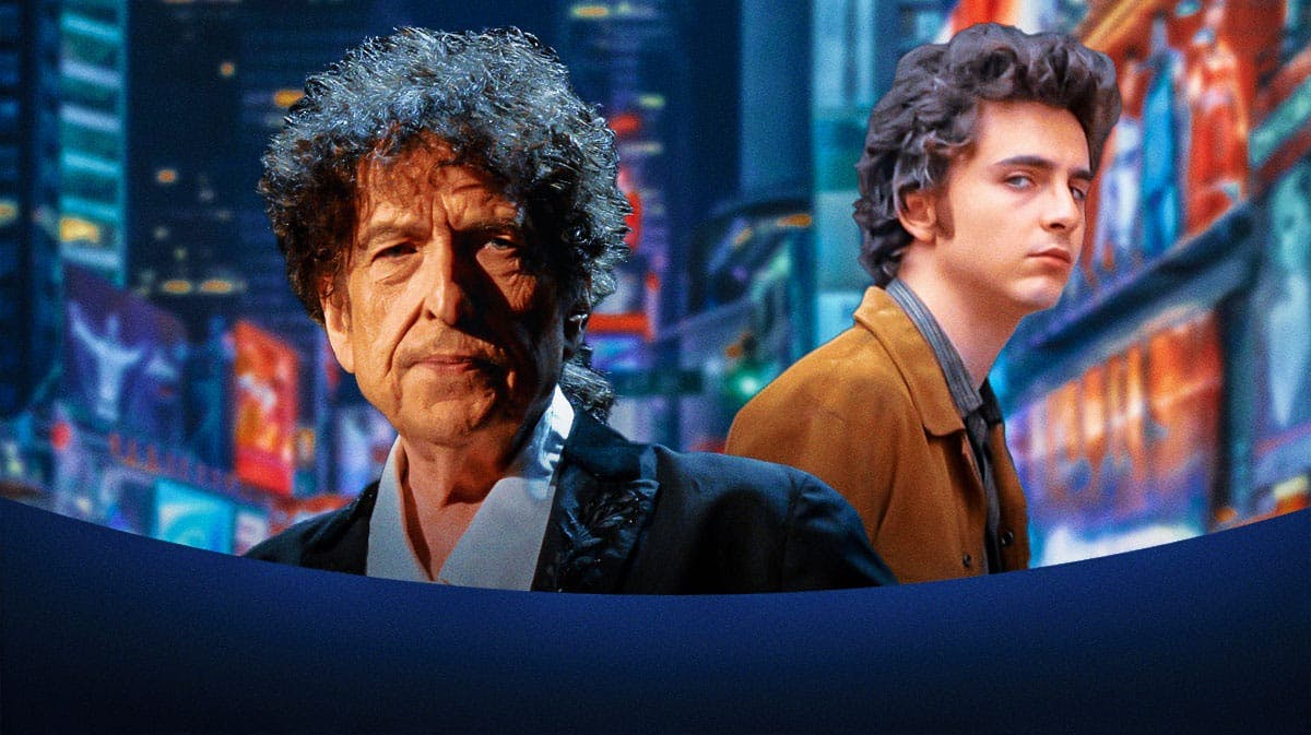 Bob Dylan with A Complete Unknown (Bob Dylan biopic) star Timothée Chalamet and New York City background.