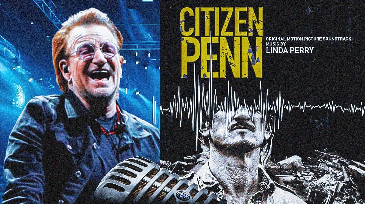 U2 singer Bono with Citizen Penn album cover, which features song Eden (To Find Love).