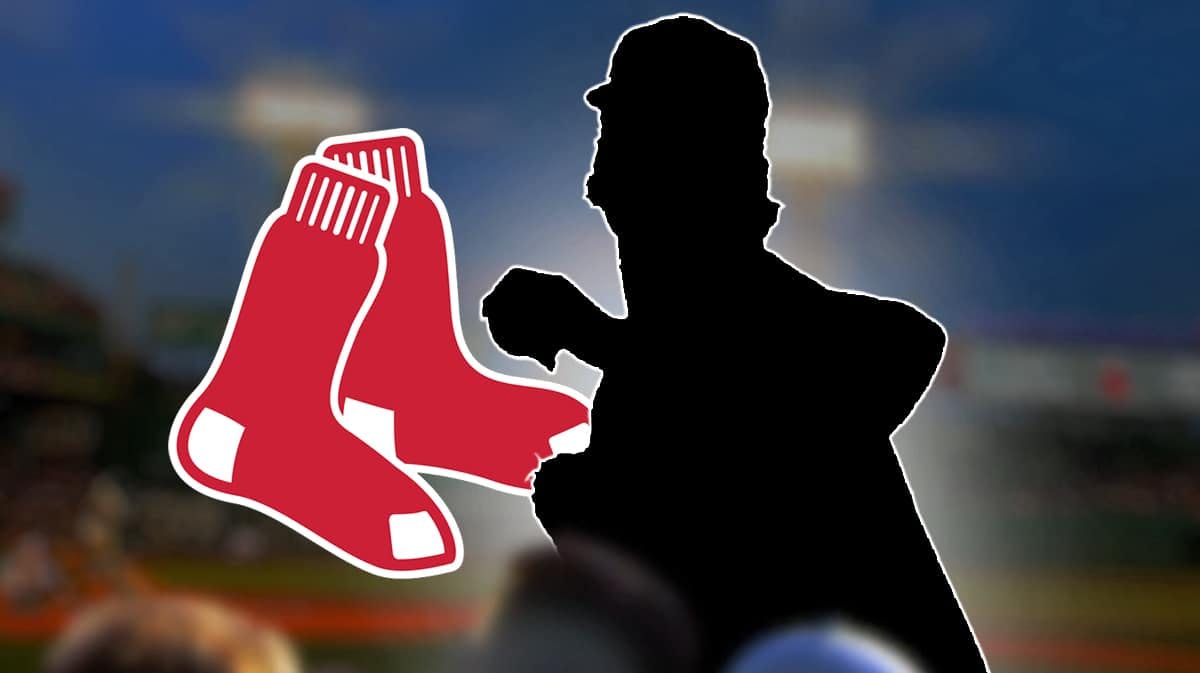 Silhouette of Lucas Sims pitching a baseball. Red Sox logo next to it. Fenway Park background.