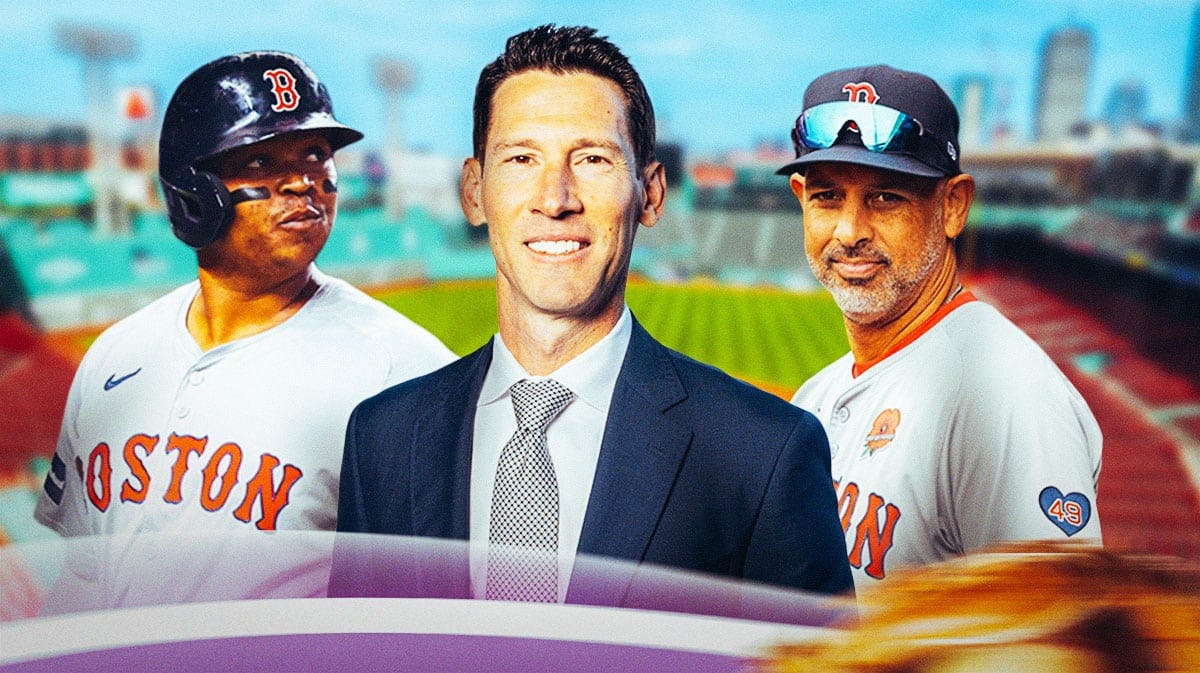 Boston Red Sox's Craig Breslow, Rafael Devers, and Alex Cora in front of Fenway Park.