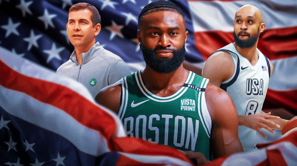 USA flag in background. Celtics Jaylen Brown, Celtics Brad Stevens on left. Derrick White in a 2024 USA basketball team uniform on right.