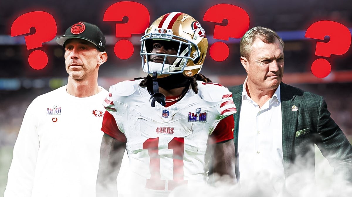 49ers Brandon Aiyuk, 49ers Kyle Shanahan and 49ers John Lynch all standing together. Place question marks everywhere.