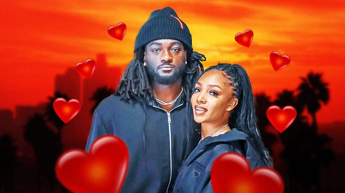 Brandon Aiyuk with his girlfriend Rochelle Searight surrounded by hearts.