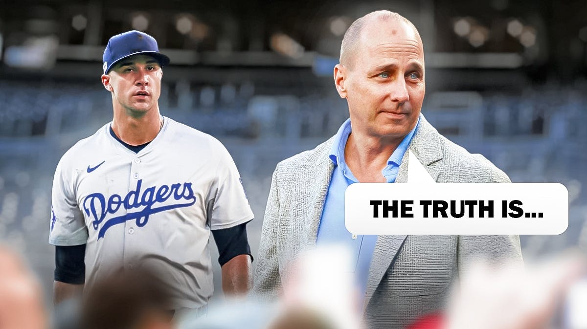 Yankees Brian Cashman saying the following: The truth is... Place Jack Flaherty in a Dodgers uniform in background.
