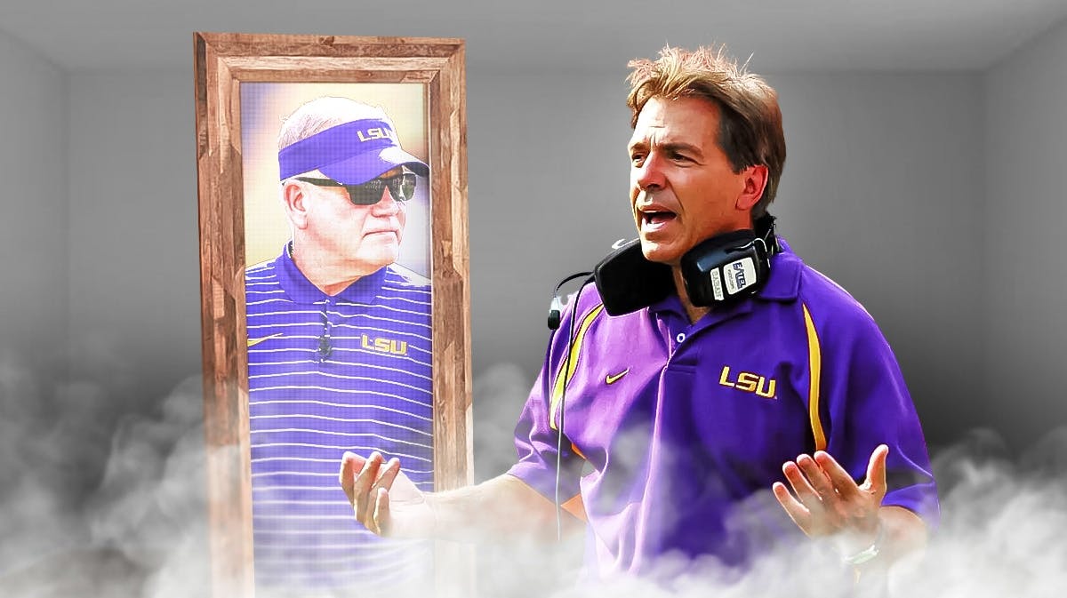 Former LSU head coach Nick Saban looking in a mirror and seeing current LSU coach Brian Kelly
