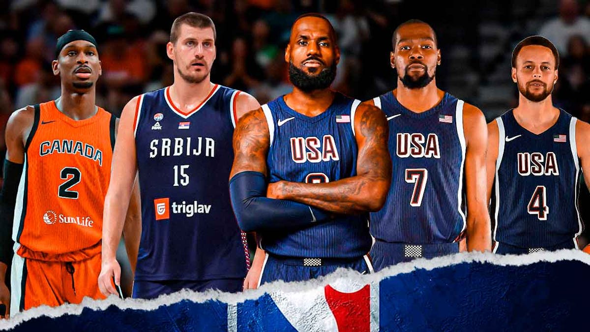 Photo: LeBron James, Steph Curry, Kevin Durant all in Team USA jerseys, Nikola Jokic in Serbia jersey, Shai Gilgeous-Alexander in Canada jersey in background