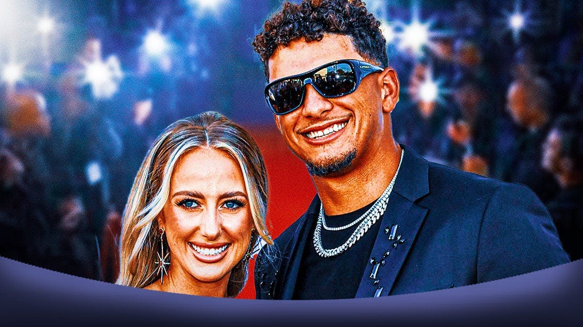 Chiefs' Patrick Mahomes stands next to wife Brittany, Super Bowl 58 fans in background