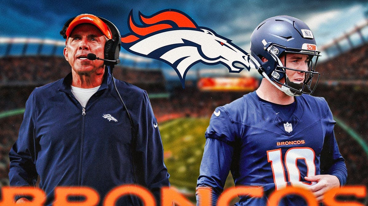 Broncos Logo in center, Broncos Head Coach Sean Payton on left side of image, Broncos QB Bo Nix on right side of image, Empower Field at Mile High Stadium (Broncos' home stadium) in background