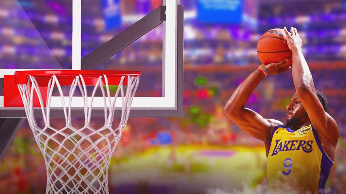 Lakers' Bronny James shooting a basketball towards a very oversized hoop