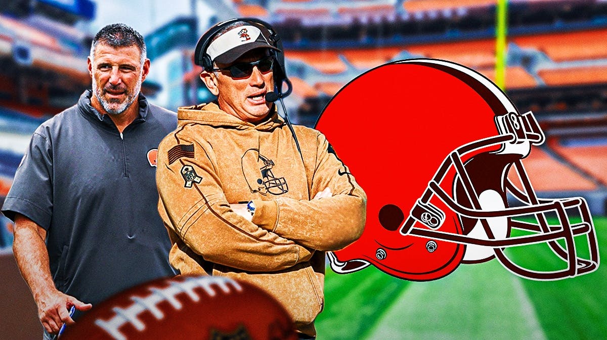 Jim Schwartz and Mike Vrabel next to a Browns logo