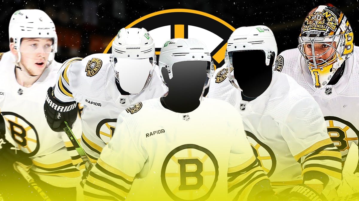 Three Boston Bruins silhouettes in the middle with Mason Lohrei and Jeremy Swayman on the outside. Boston Bruins logo and ice rink in background