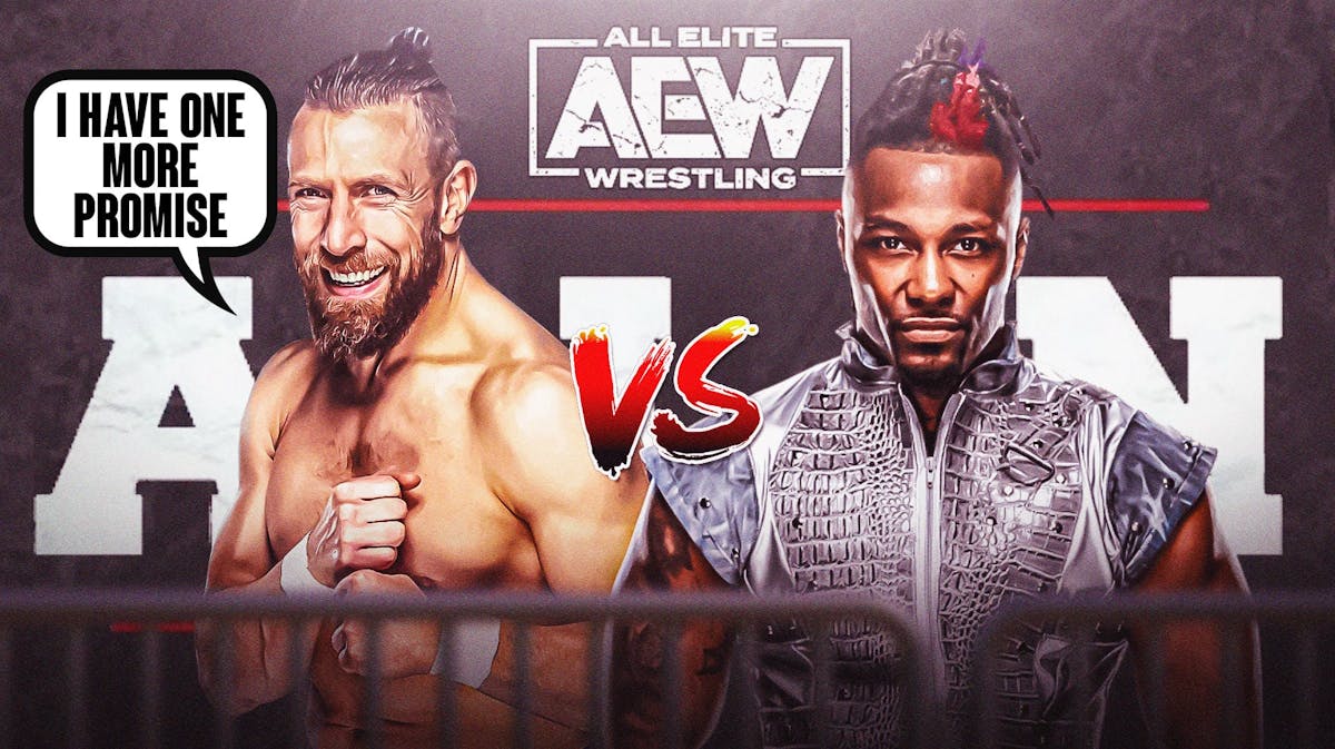 Bryan Danielson with a text bubble reading "I have one more promise" on the left, Swerve Strickland on the right, with a Vs. symbol between them and the AEW All In logo as the background.