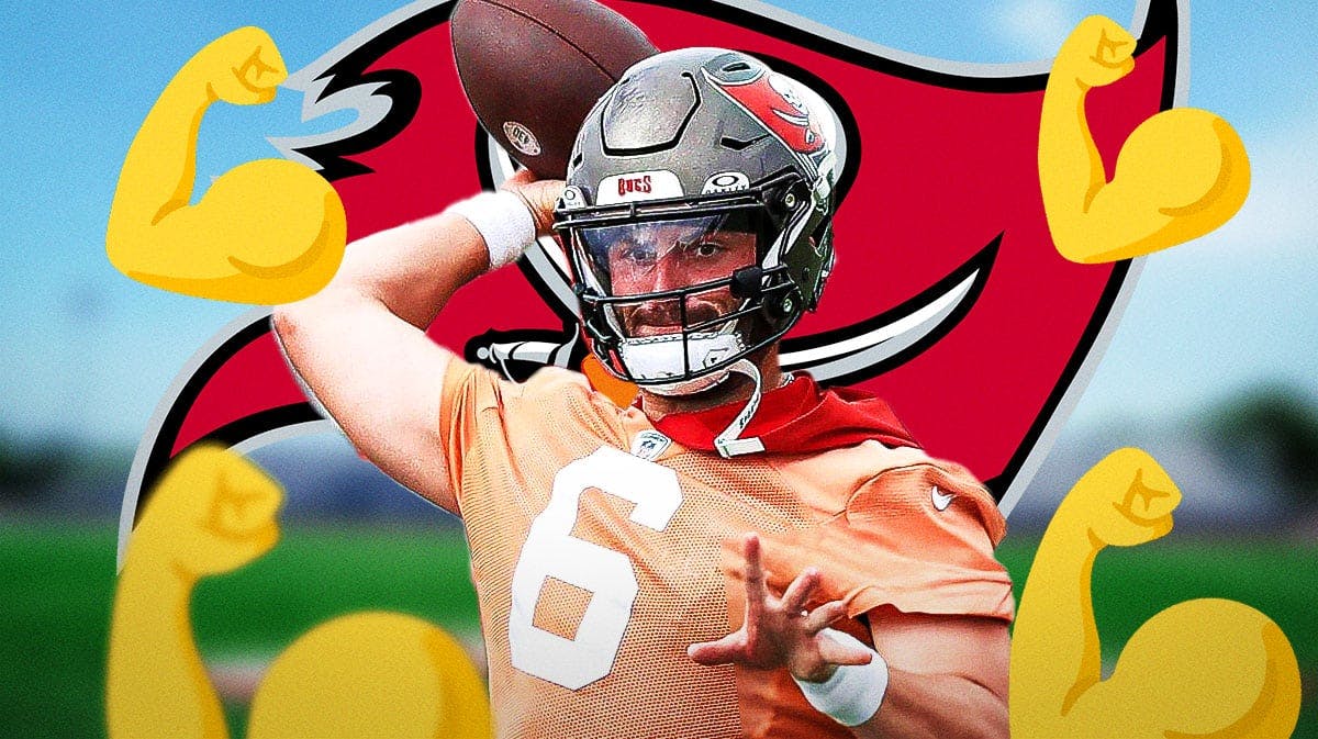 Tampa Bay Buccaneers QB Baker Mayfield surrounded by muscle emojis. There is also a logo for the Tampa Bay Buccaneers.