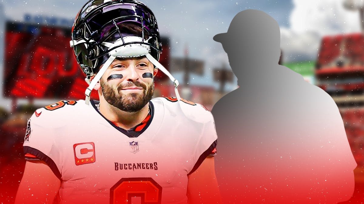 Baker Mayfield next to the blacked-out silhouette of Liam Coen in front of the Buccaneers stadium.