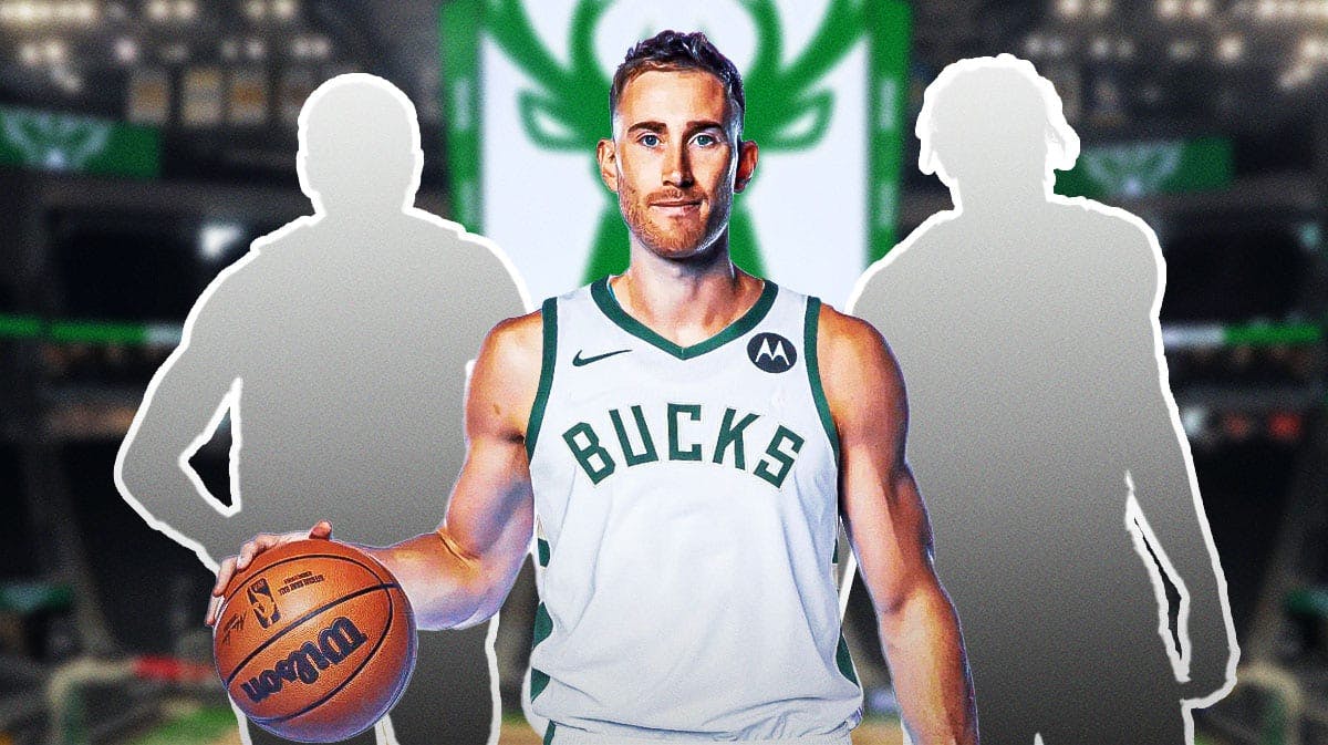Gordon Hayward in a Bucks jersey with silhouette of Justin Holiday on the left and silhouette of Chuma Okeke on the right with Bucks background.