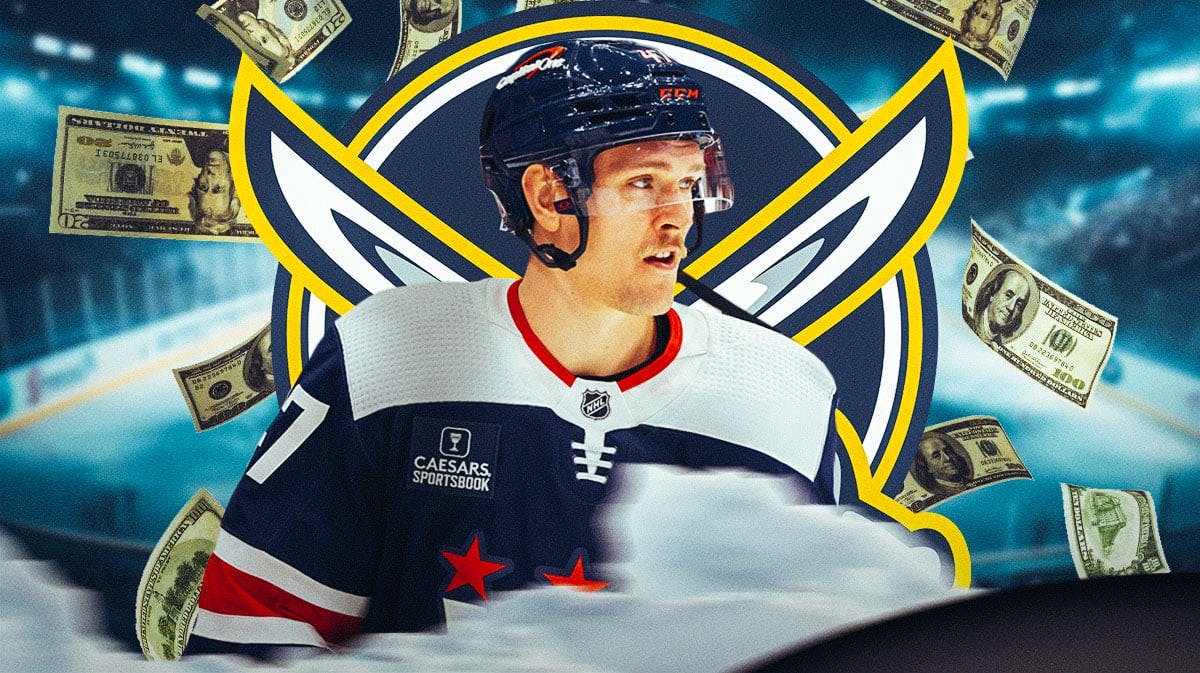 Beck Malenstyn in middle of image looking happy, Buffalo Sabres logo, money in image to represent contract, hockey rink in background