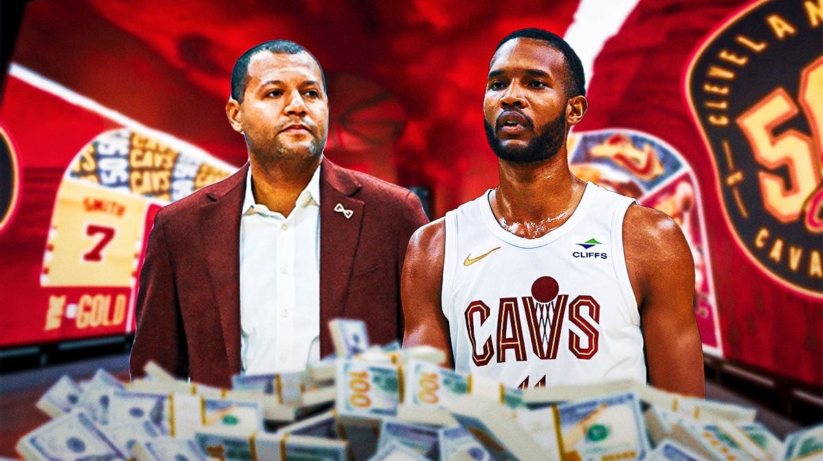 Evan Mobley, Koby Altman with a stack of money between them featuring a Cavs colored background.