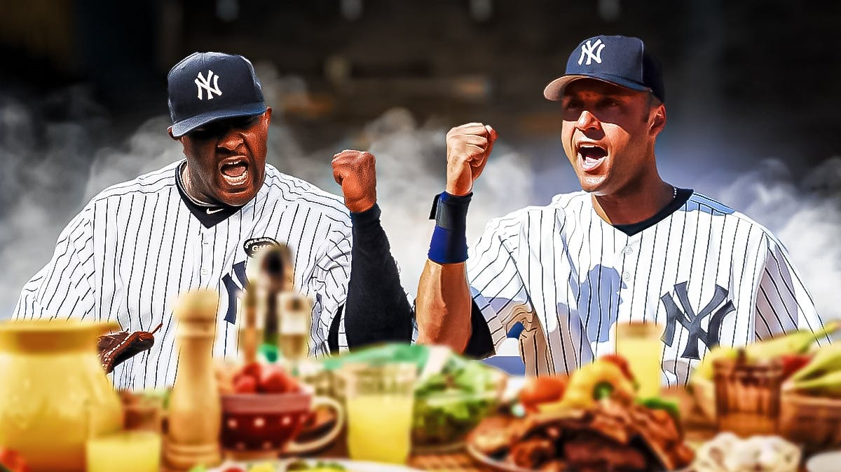 CC Sabathia and Derek Jeter of the Yankees in front of a table full of food, fulfilling one of Jeter's baseball superstitions