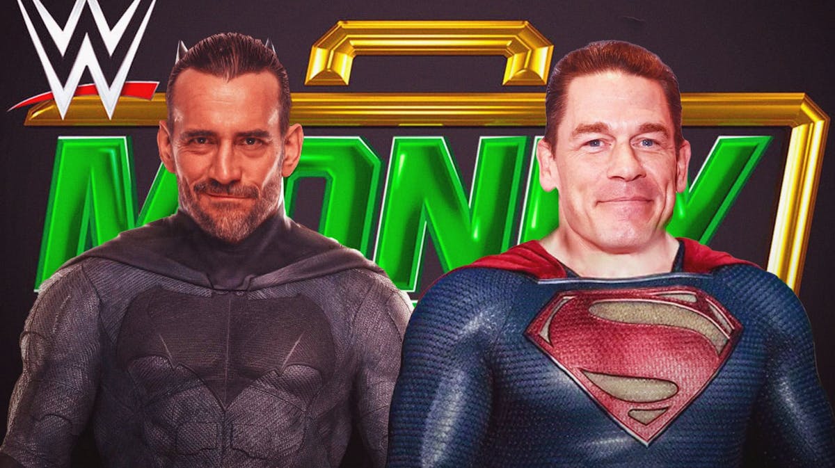 CM Punk's head on Batman's body next to John Cena's head on Superman's body with the Money in the Bank logo as the background.