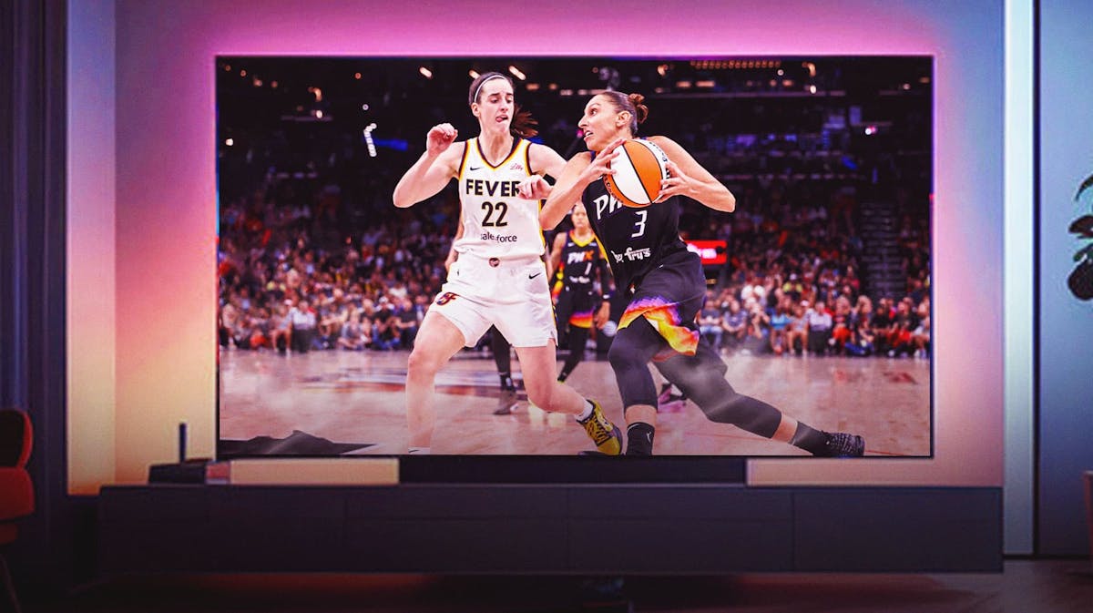 Indiana Fever player Caitlin Clark and Phoenix Mercury player Diana Taurasi, both playing basketball but edited so it looks like they are in a television, as if from the point of view of watching them play a basketball game on T.V.