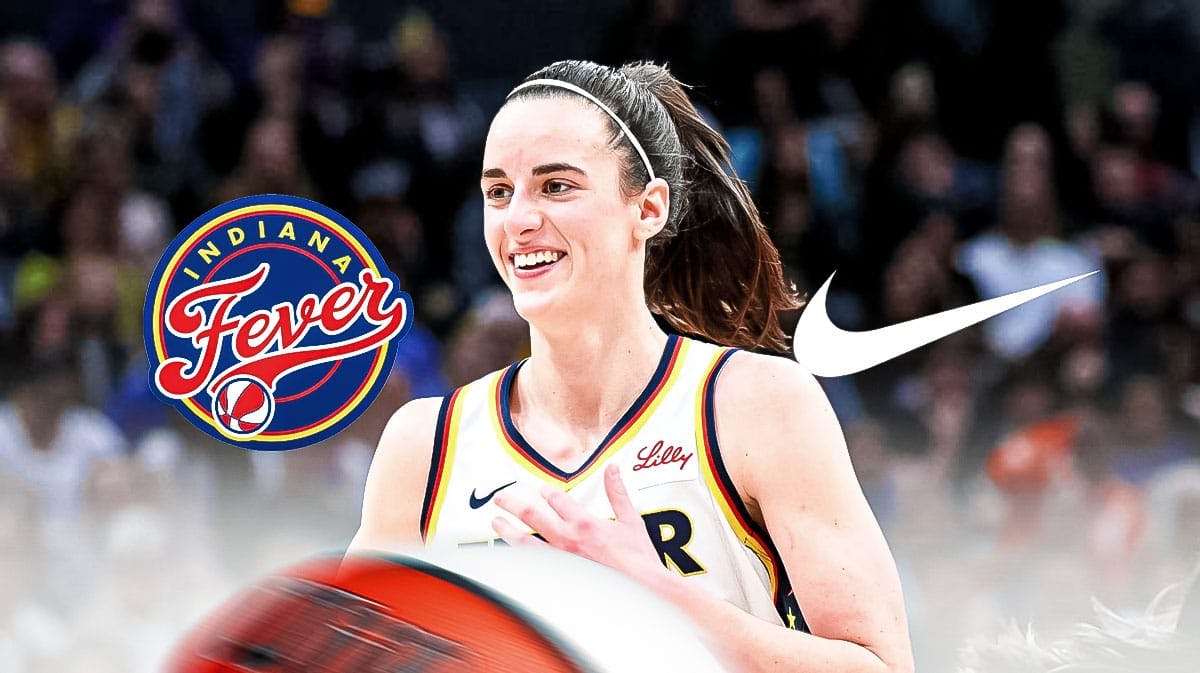 Fever guard Caitlin Clark smiles next to Nike logo with Kobe shoes in background
