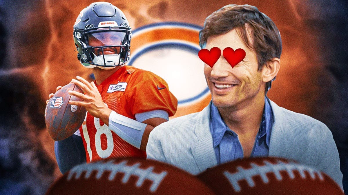 Ashton Kutcher with heart eyes towards Caleb Williams with a Bears colored background.