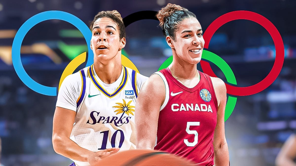 A double image of Kia Nurse, one of her in her LA Sparks jersey and the other of her in a Team Canada basketball jersey with the Olympics logo in the background