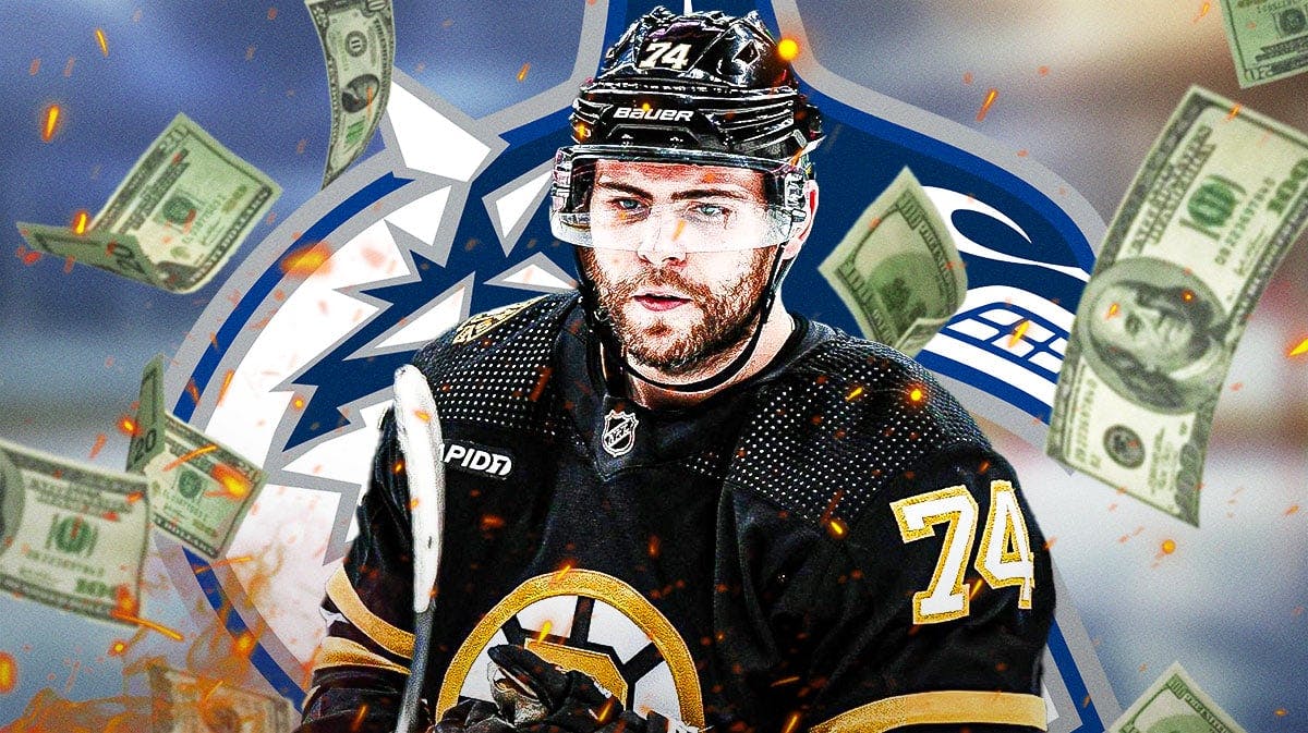 Jake DeBrusk in middle of image looking happy with fire around him and money in image, Vancouver Canucks logo, hockey rink in background