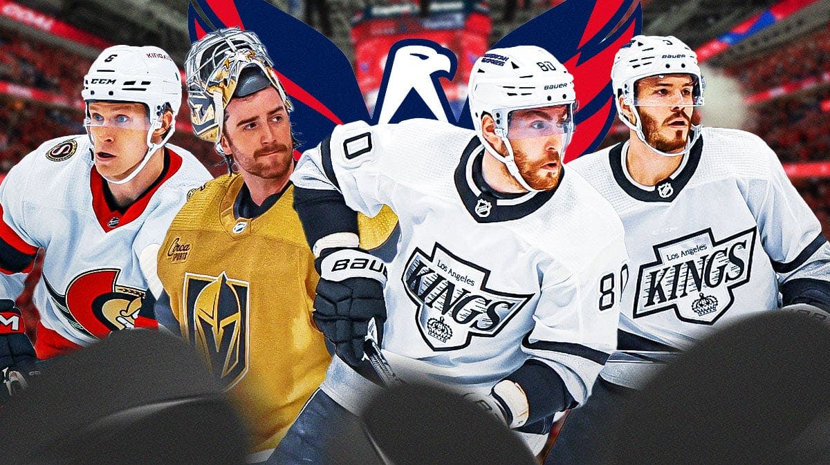 Pierre-Luc Dubois, Logan Thompson, Matt Roy and Jakob Chychrun all in image, Washington Capitals logo, hockey rink in background