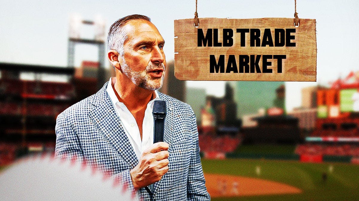 Cardinals' John Mozeliak next to a sign that says "MLB trade market"