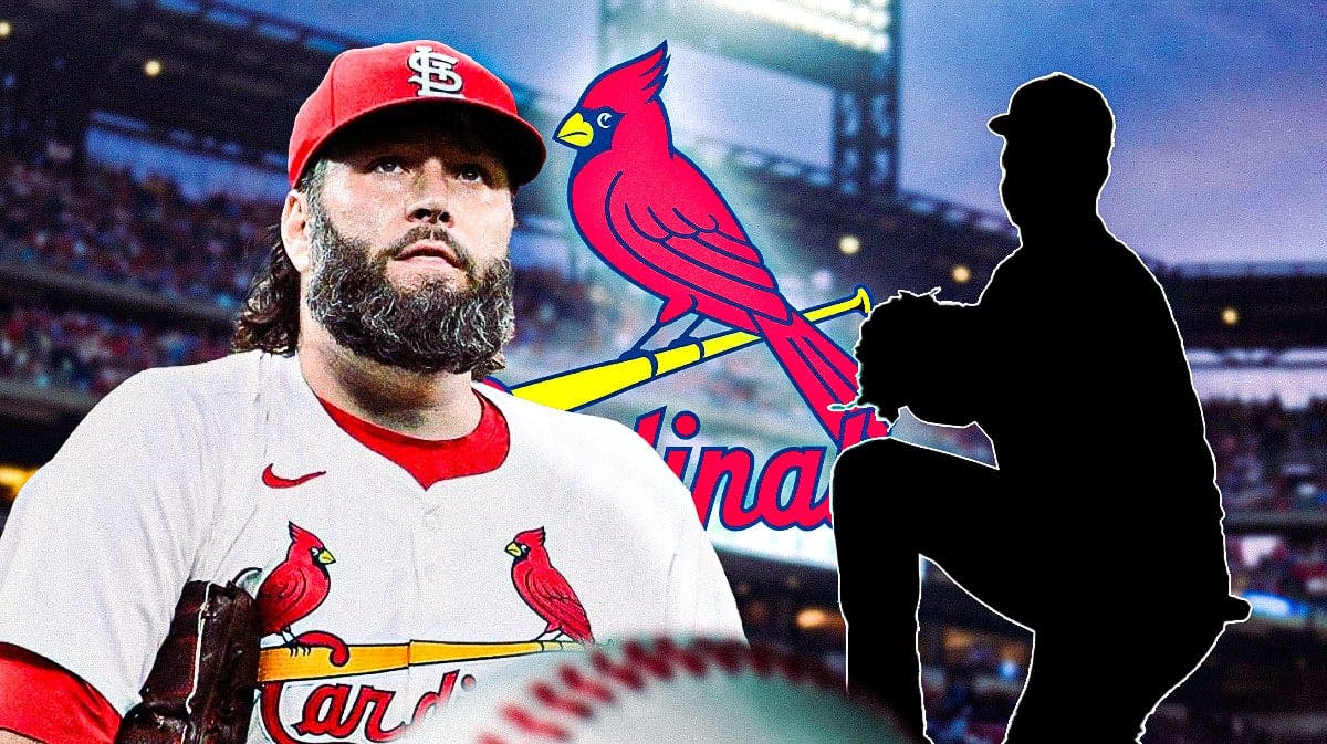 Cardinals Lance Lynn on left looking serious. On right, need the silhouette of baseball pitcher Michael McGreevy. St. Louis Cardinals 2024 logo in background.