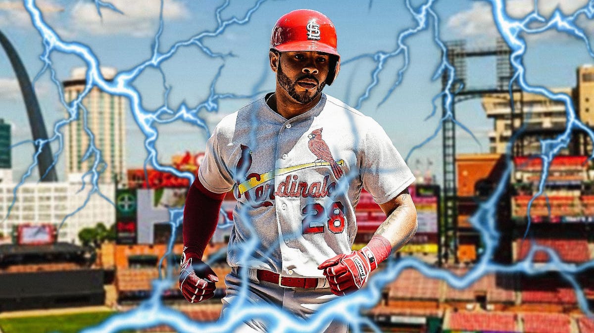 Cardinals' Tommy Pham with waves of electricity around him, Busch Stadium in back