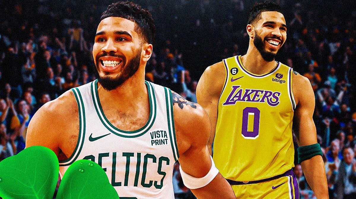 Photo: Jayson Tatum in Celtics jersey, another photo of him in Lakers jersey
