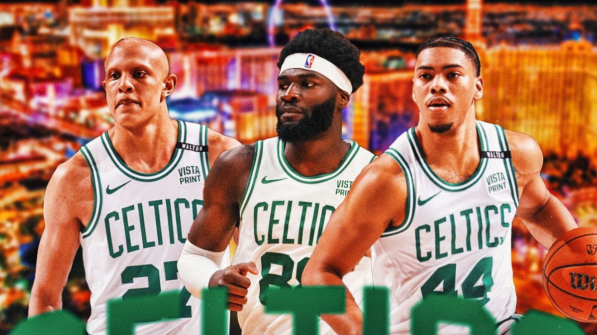image idea: Jordan Walsh, Neemias Queta, and Jaden Springer all in Celtics jerseys on a Las Vegas background