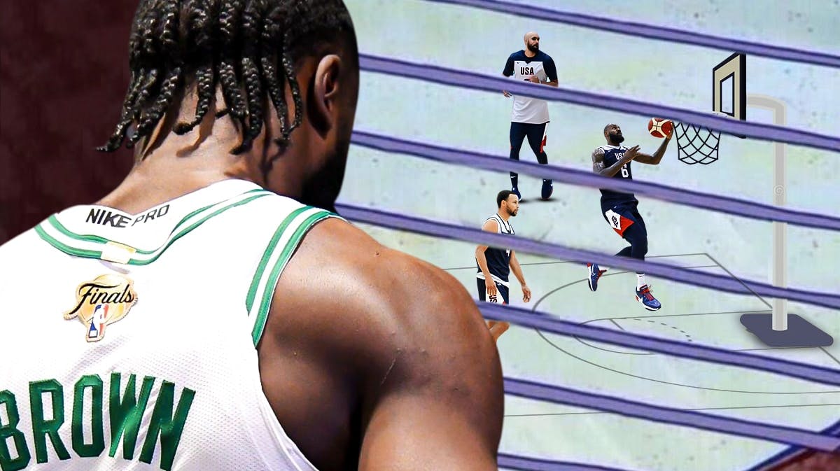 Celtics' Jaylen Brown as Squidward while looking at Derrick White in a Team USA uniform with LeBron James and Stephen Curry outside the window
