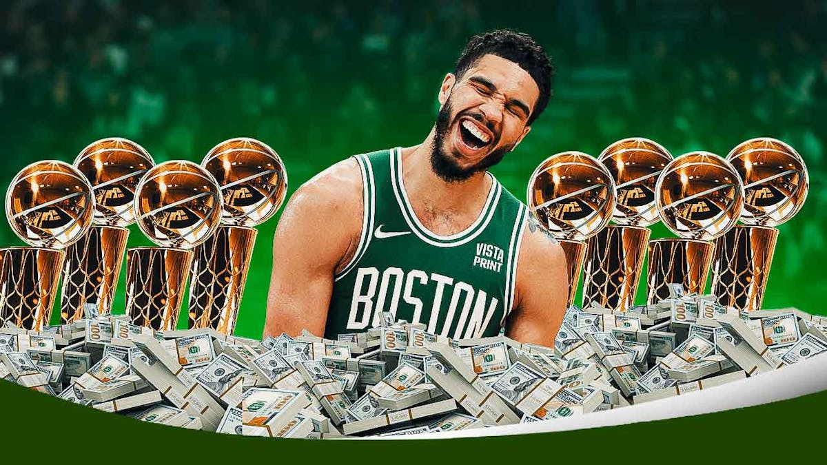 Celtics' Jayson Tatum smiling, with a ton of cash and multiple Larry O'Brien trophies all over him
