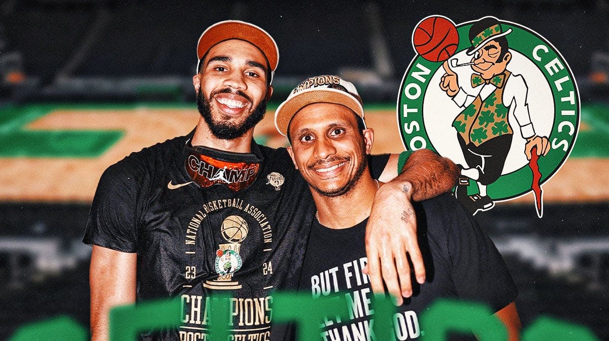 Jayson Tatum smiling/laughing next to a serious looking Joe Mazzulla Boston Celtics