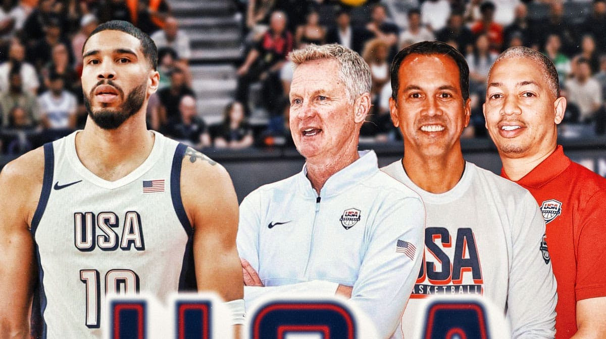 Celtics Jayson Tatum (in Team USA jersey) with NBA coaches Steve Kerr, Erik Spoelstra, and Ty Lue (in Olympics coach shirts) all smiling at Tatum.